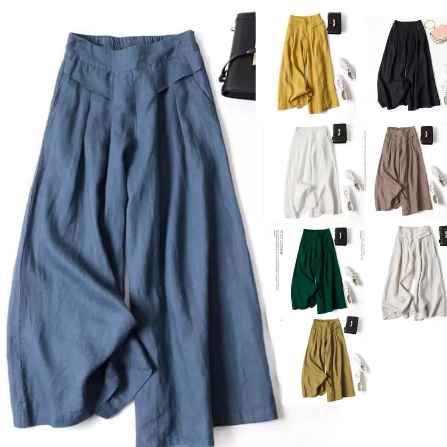Women's Cotton Linen Culottes Pants Elastic Waist Wide Leg Palazzo Trousers Capri Pants with Pockets