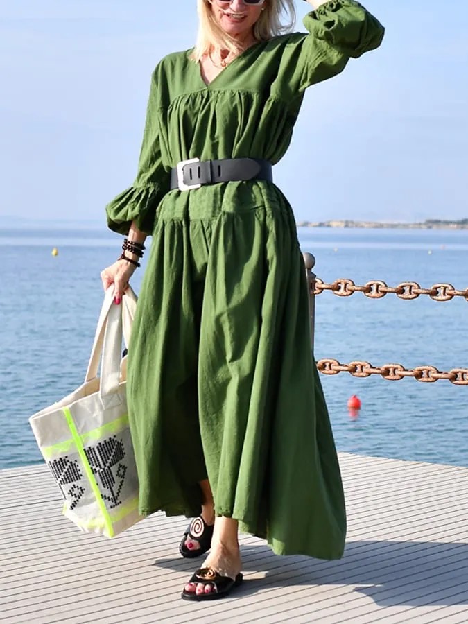 Women's Casual Elegant Pleated V-Neck Cotton Dress