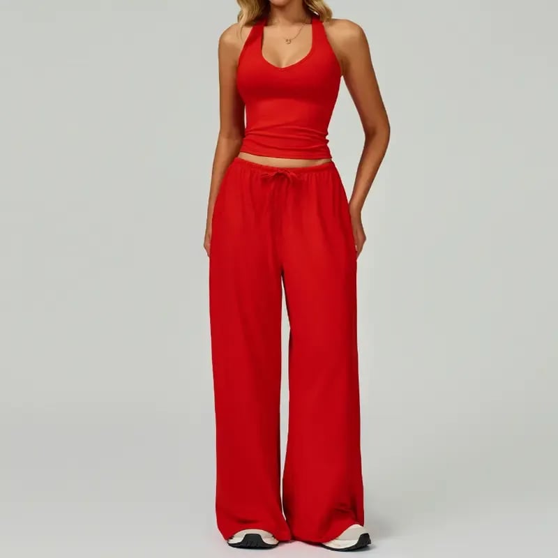 💖Hot 50% OFF✨ Women’s 2-Piece Silk-Like Lounge Set – V-Neck Strappy Top & Wide Leg Pants