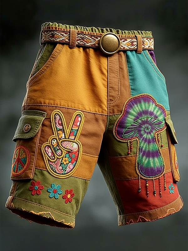 Men's Psychedelic Mushroom Fun Hippie Gestures Art Print Denim-Like Casual Shorts