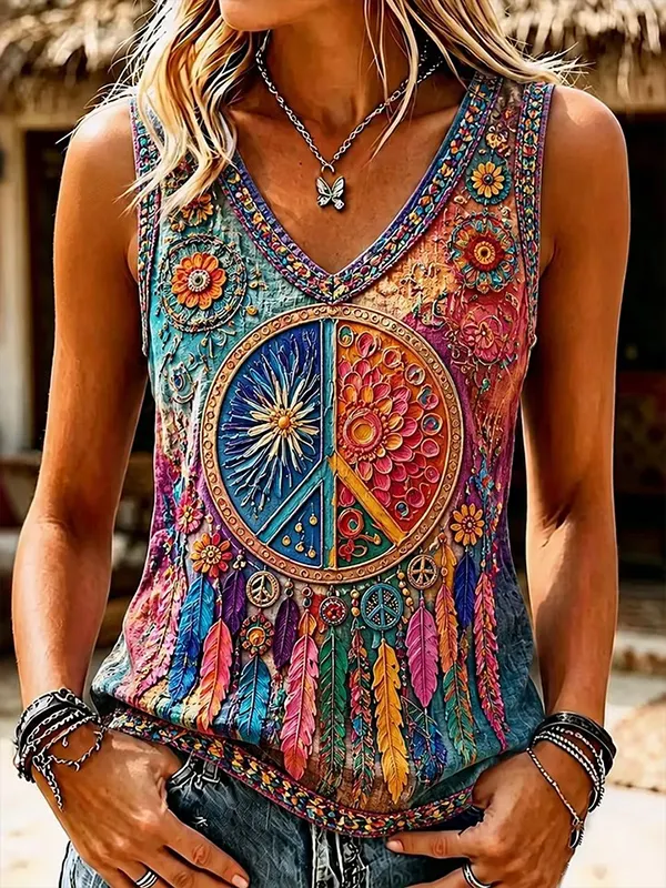 Women's Boho Peace Sign Feather Floral Print Casual V Neck Tank Top