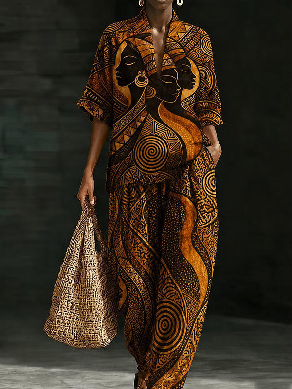 Women's Retro Tribal Abstract Portrait All Over Print Deep V Neck Half Sleeve T-Shirt Pants Matching Set
