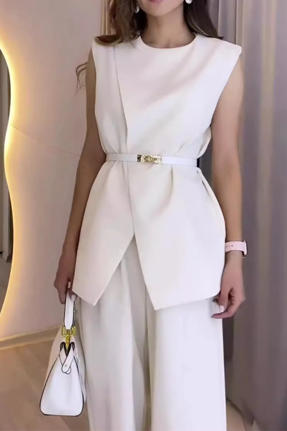 Women's Tops Solid Color Round Neck Sleeveless Belt Pocket Straight Leg Wide Leg Pants Set