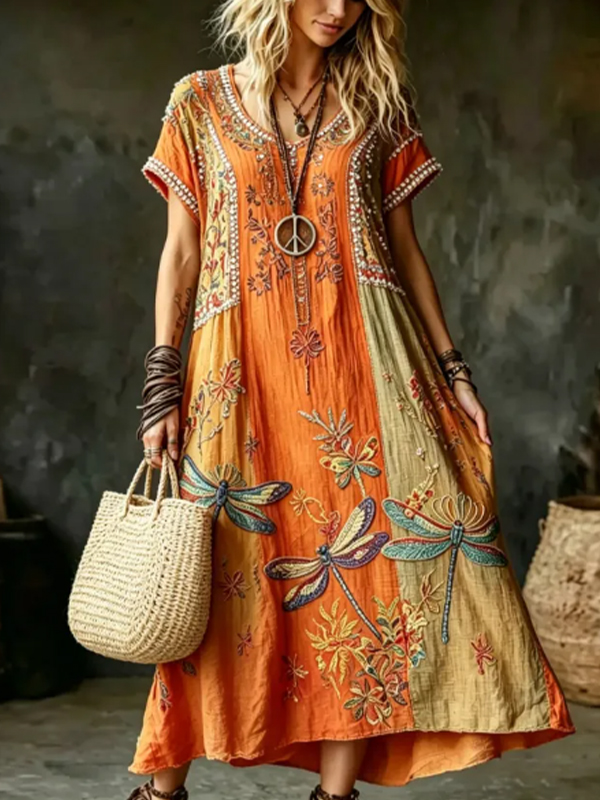 Women's Rhinestone Dragonfly Floral Print Short Sleeve V Neck Midi Dress