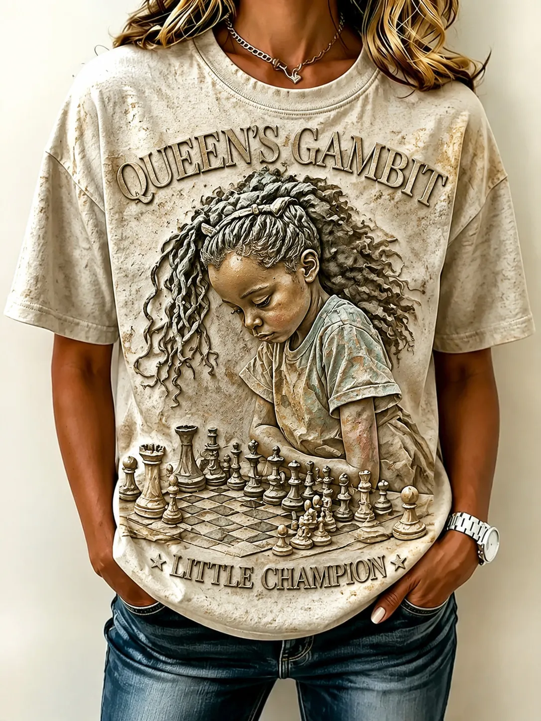 Women's Queen's Gambit Little Champion Chess Print Casual T-Shirt
