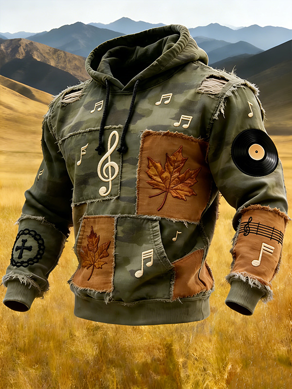 Men's Camouflage Music Symbols Vinyl Records Leaf Patchwork Art Print Pocket Hoodie