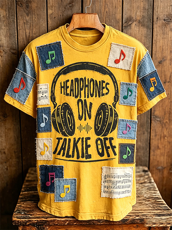 Men's Headphones On Talkie Off Print Casual T-Shirt