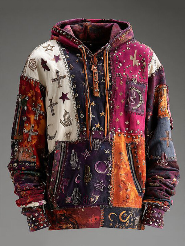 Men's Vintage Hippie Star Moon Cross Graphic Colorblock Art Print Casual Hoodie