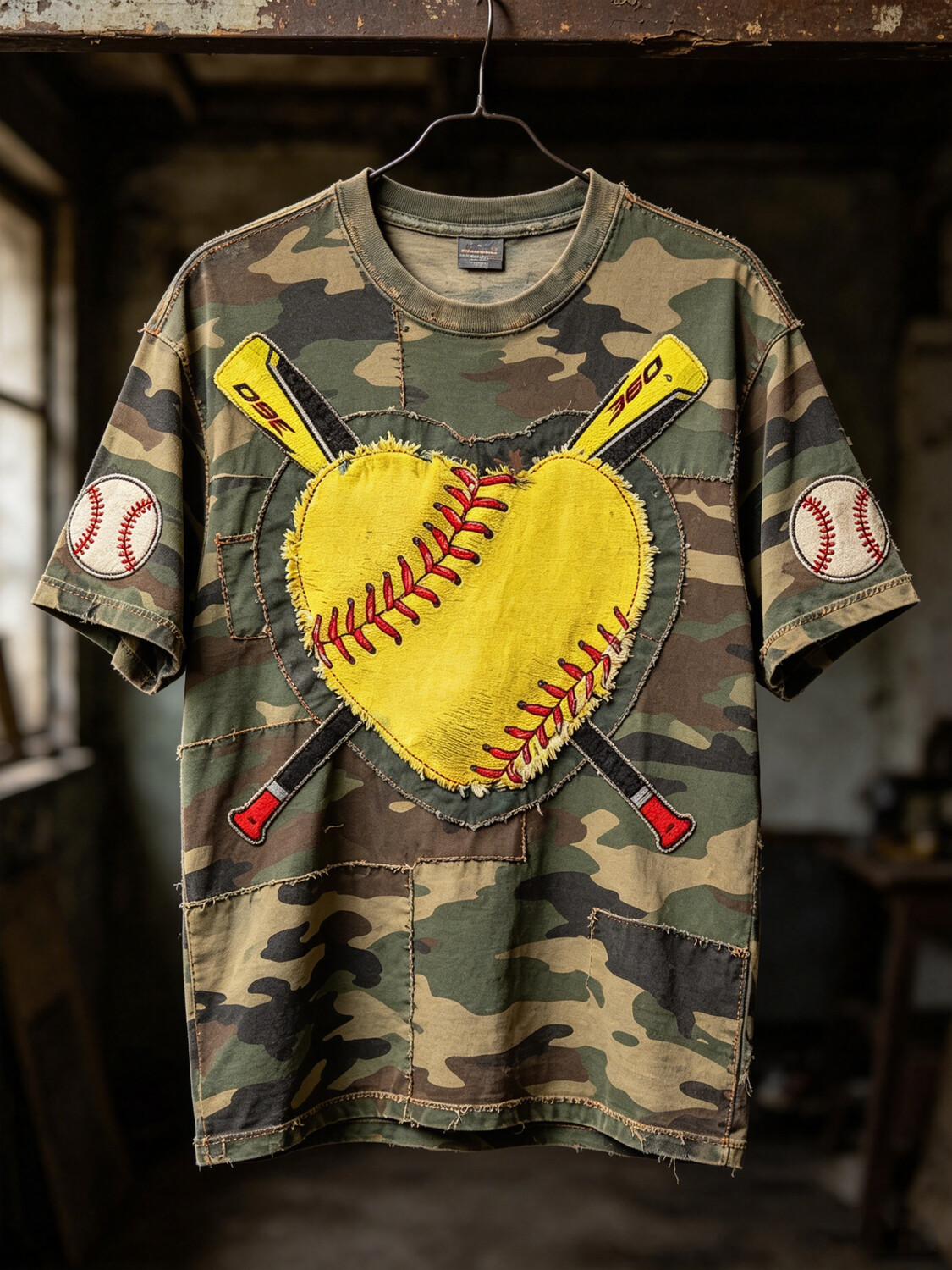Men's Baseball Heart Camouflage Print Casual T-Shirt