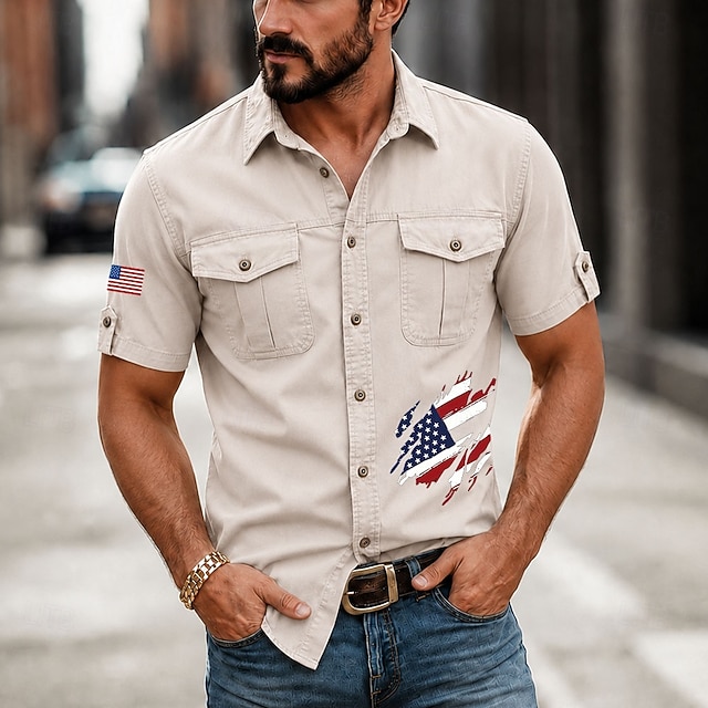 250th Anniversary American Flag Short Sleeve Shirt 4th of July Men's - White 4XL