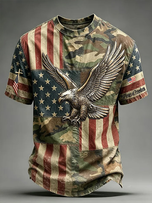 Men's Independence Day Flag Eagle Camo Print Casual T-Shirt