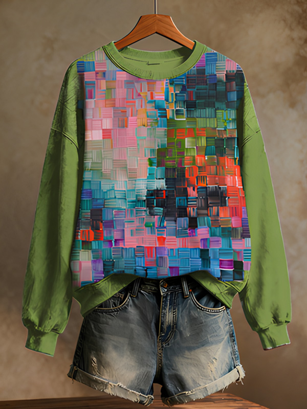 Women's Colorful Mosaic Block Art Print Casual Sweatshirt