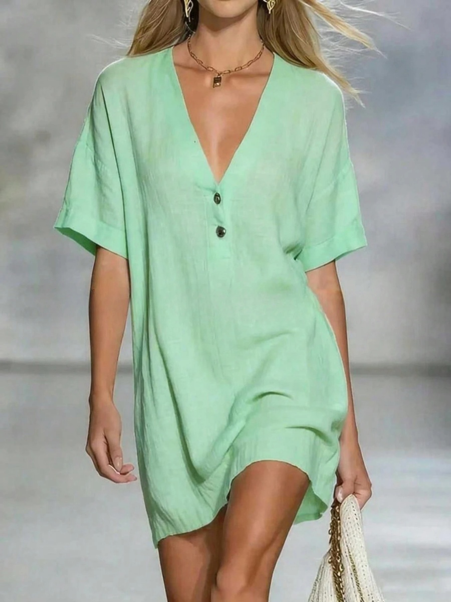 Women'S Dress Casual Loose Fit Short Sleeve Button Front Dress