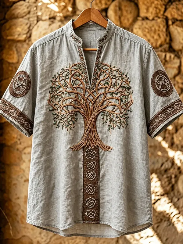 Men's Viking Celtic Knot Tree of Life Print Casual Notch Neck T-Shirt