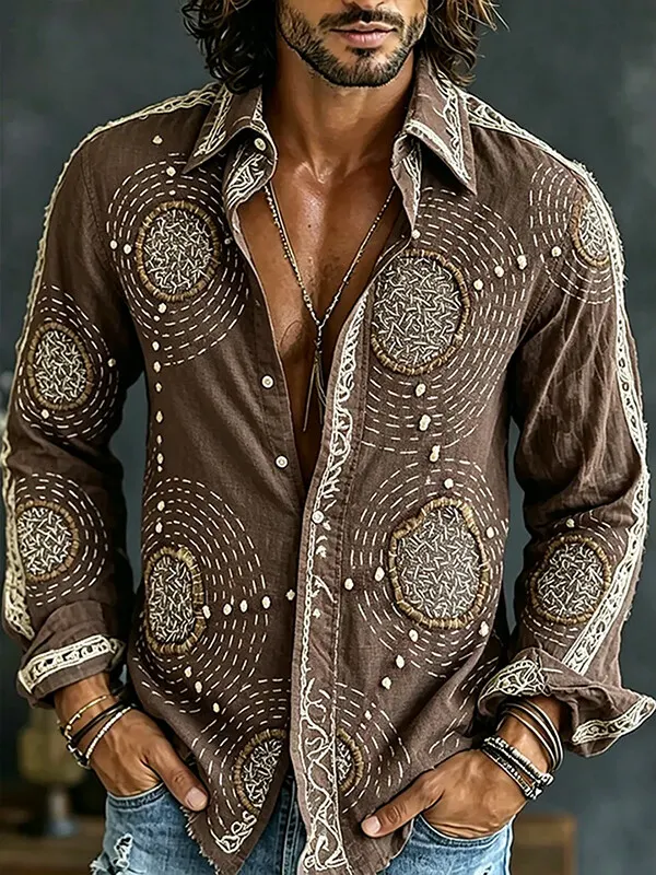 Men'S Retro Embroidery Texture Print Long Sleeve Shirt