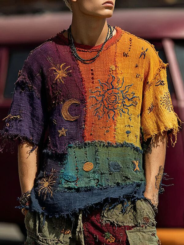 Men's Mysterious Moon Sun Colorblock Patchwork Print Casual T-Shirt