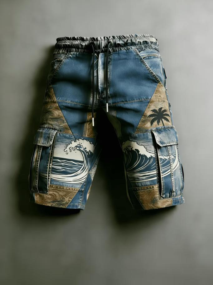Men's Japanese Ukiyo-e Coconut Tree And Wave Patchwork Art Print Drawstring Waist Casual Shorts