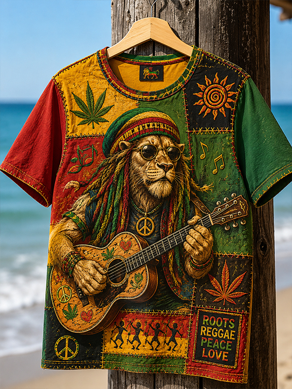 Men's Reggae Lion Playing Guitar Color Block Print Casual T-Shirt
