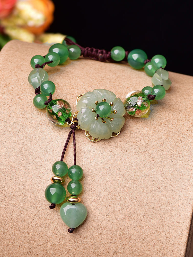 Buddha Stones Natural Green Jade Beaded Luck Dangling Flower Bracelet