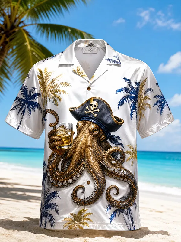 Men's Palm Tree Pirate Octopus Skull Captain Tropical Beach Art Print Shirt