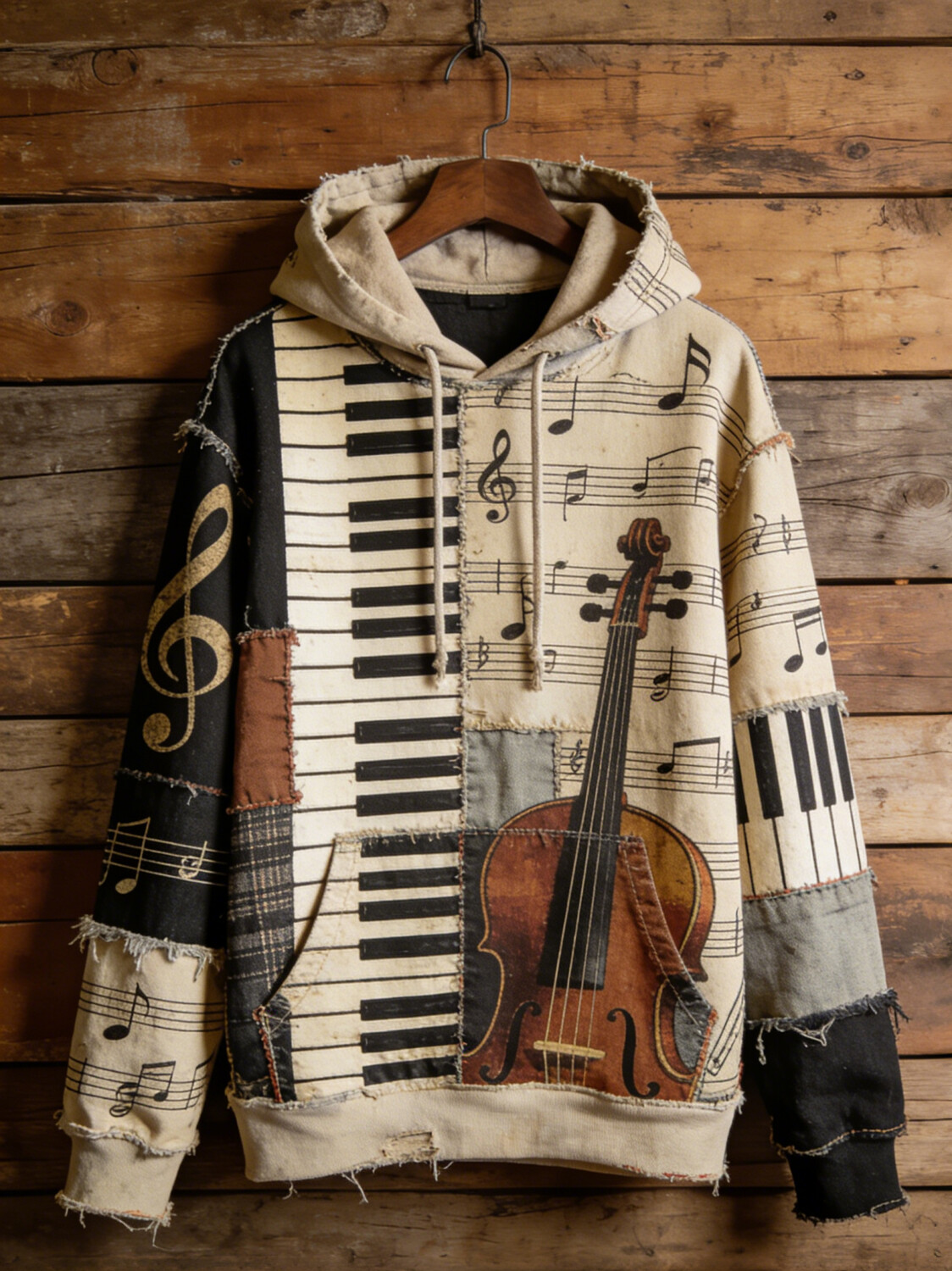 Men's Violin and Piano Retro Jazz Print Casual Hoodie