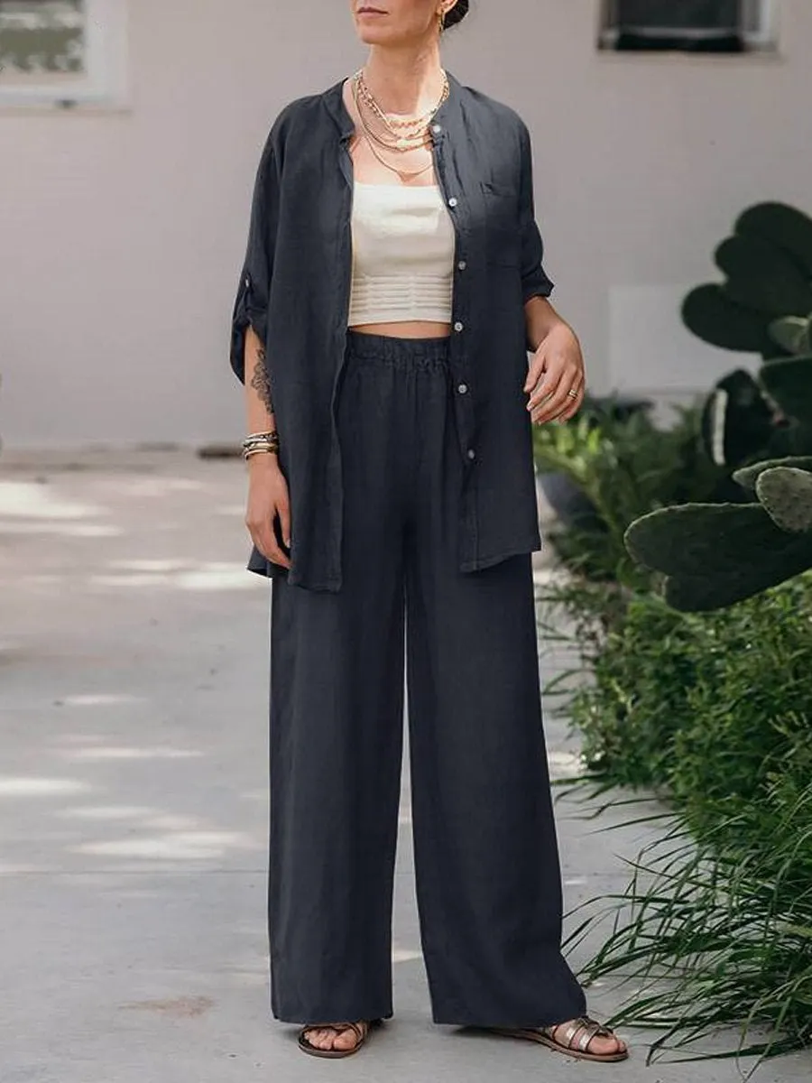 Women's Spring Solid Color Long- Sleeve Shirt and Pants Two Piece Set