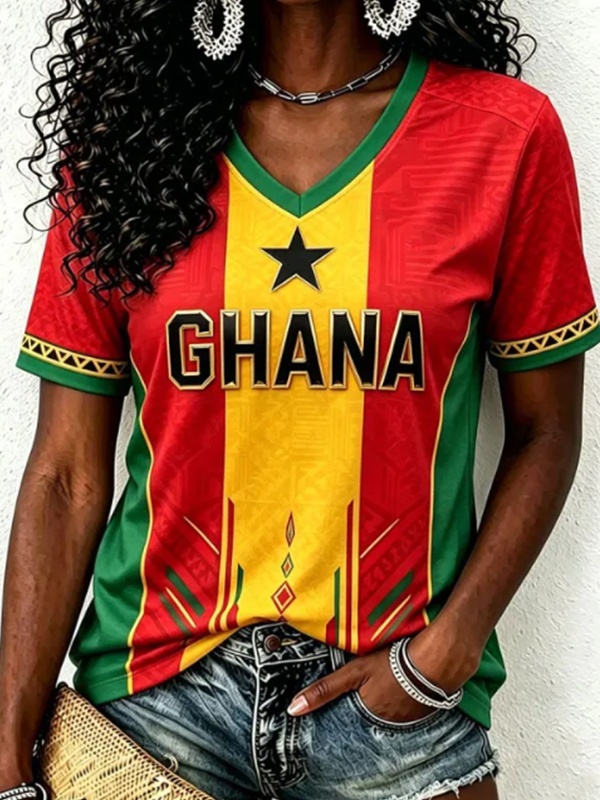 Women's Ghana Star Tribal Color Block Art Print Casual V Neck T-Shirt