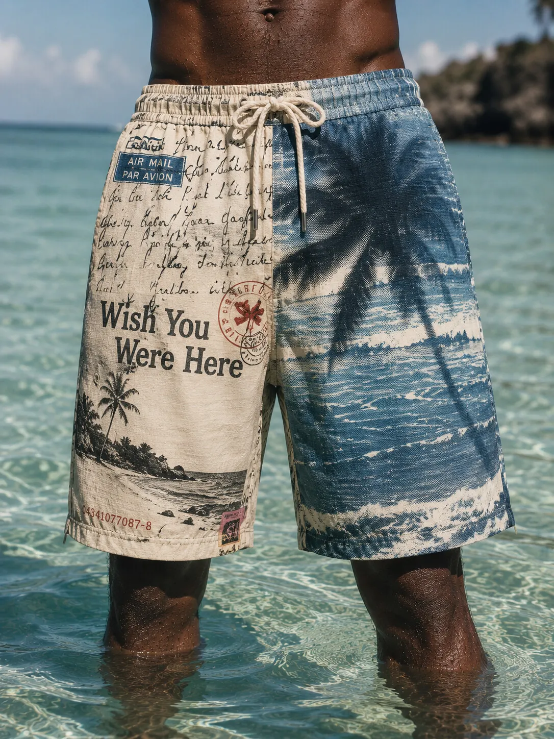 Men's Vintage Postcard Wish You Were Here Palm Tree Art Print Casual Shorts