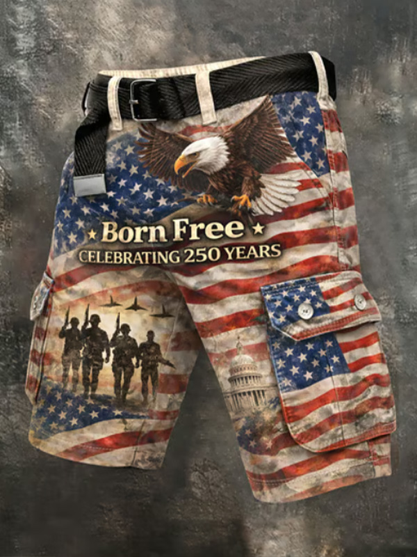Men's Born Free Independence Day Retro Flag Print Denim-Like Cargo Shorts