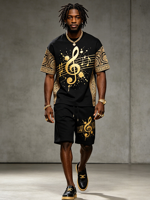 Men's Retro Notes Music Art Print T-Shirt Shorts Set