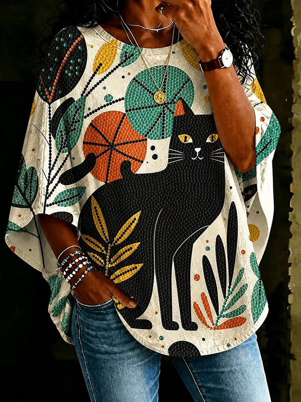 Women's Boho Black Cat And Abstract Leaf African Tribal Style Art Print Casual T-Shirt