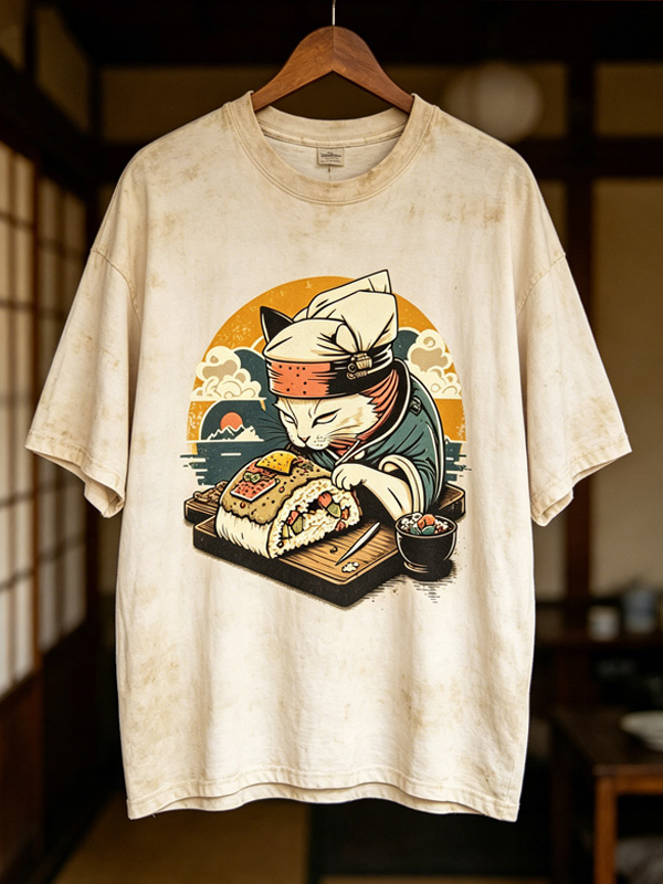 Men's Vintage Sushi Chef Cat Japanese Art Print T-Shirt