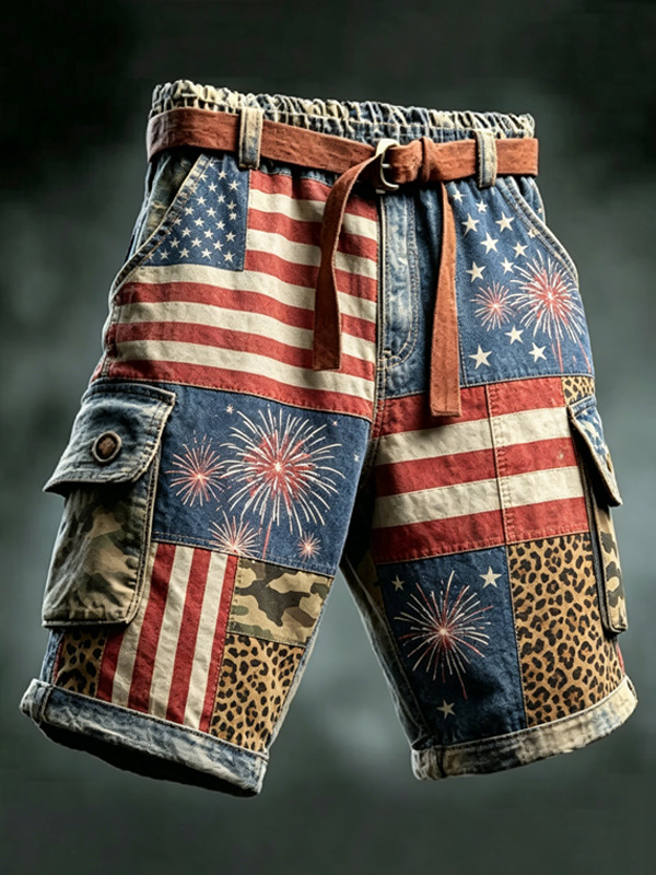 Men's Independence Day Firework Stars and Stripes Camo Leopard Print Cargo Shorts