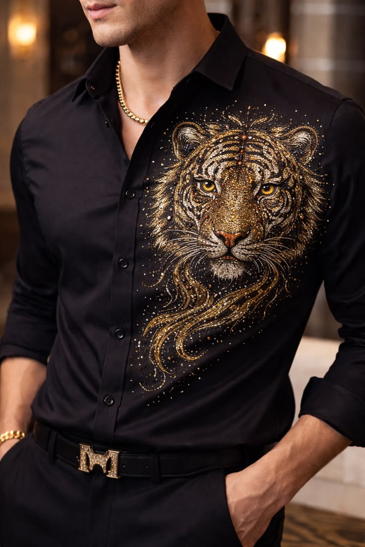Men's Sparkly Tiger Art Print Long Sleeve Shirt