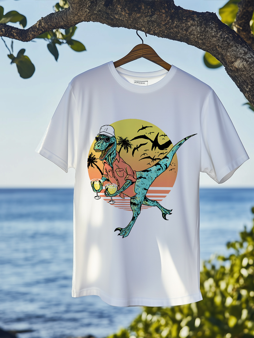 Men's Tropical Dinosaur Cocktail Sunset Print T-Shirt