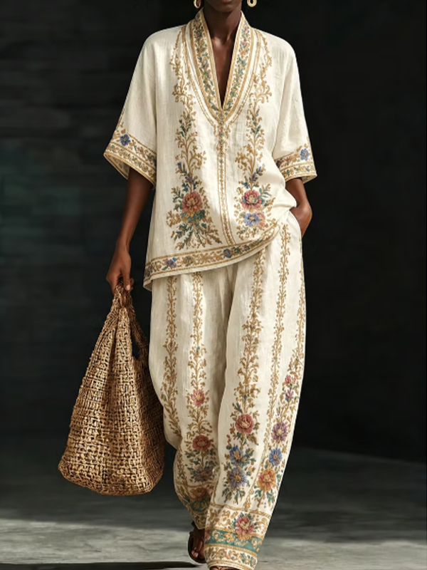 Women's Multicolor Floral Vine Print Deep V Neck Half Sleeve T-Shirt Wide Leg Pants Matching Set