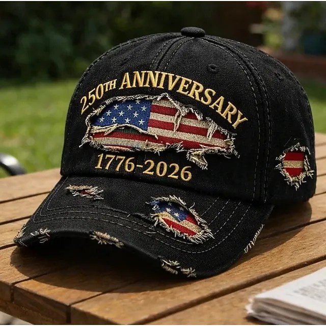 Men's USA 250th Anniversary Distressed Denim Baseball Cap | Embroidered US Flag Patriotic Trucker Hat