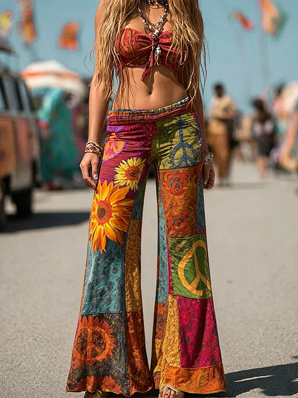 Women's Colorful Patchwork Sunflower & Peace Symbol Hippie Print Casual Pants