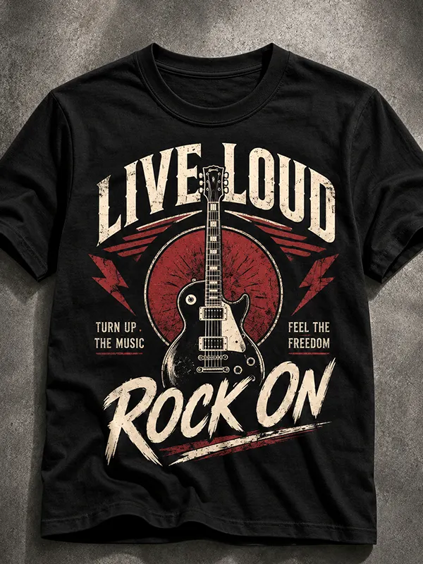 Men's Live Loud Rock On Print Cotton Casual T-Shirt