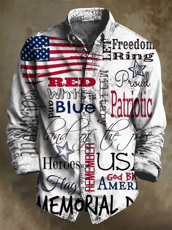 Men's American Flag Patriotic Text Art Print Pocket Long Sleeve Shirt