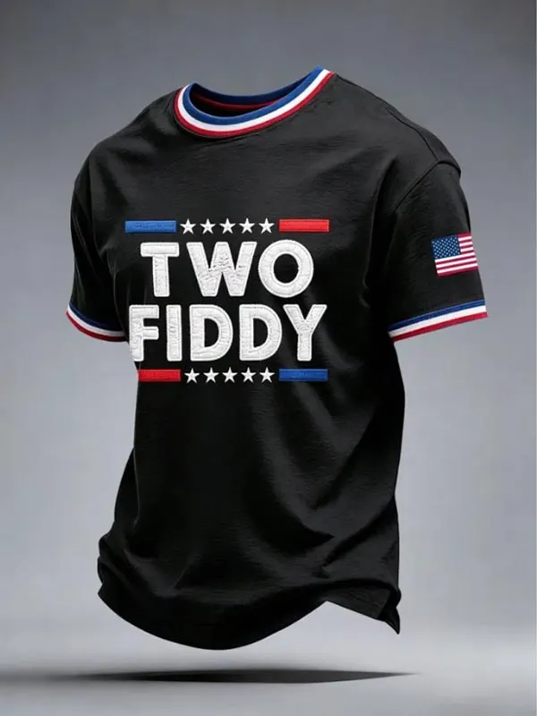 Men's Two Fiddy Stars American Flag Patch Print T-Shirt
