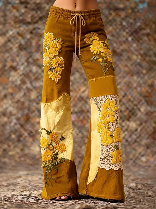 Women's Contrast Color Boho Floral Lace Print Casual Pants