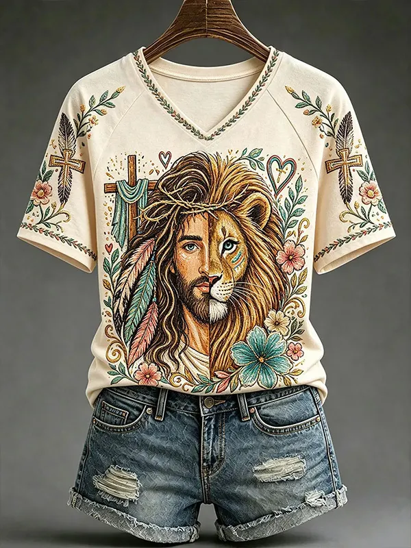 Women's Jesus Lion Cross Floral Vintage Art Print Casual T-Shirt
