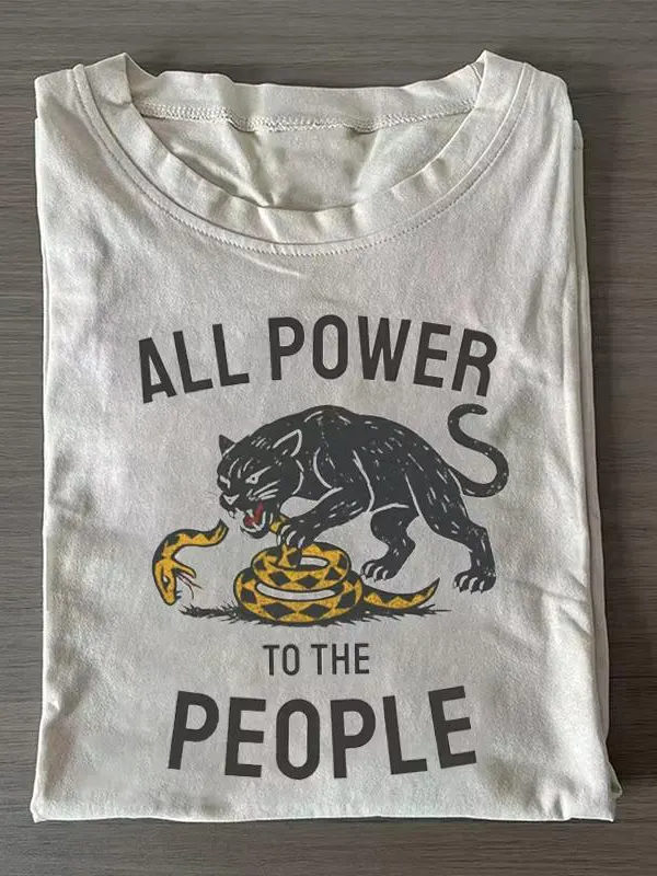 Men's Panther Snake All Power To The People Vintage Print Cotton Casual T-Shirt