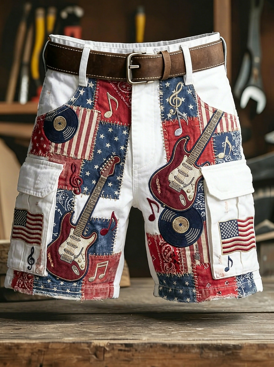 Men's Rock Music Note And Guitar Patchwork Art Print Casual Shorts