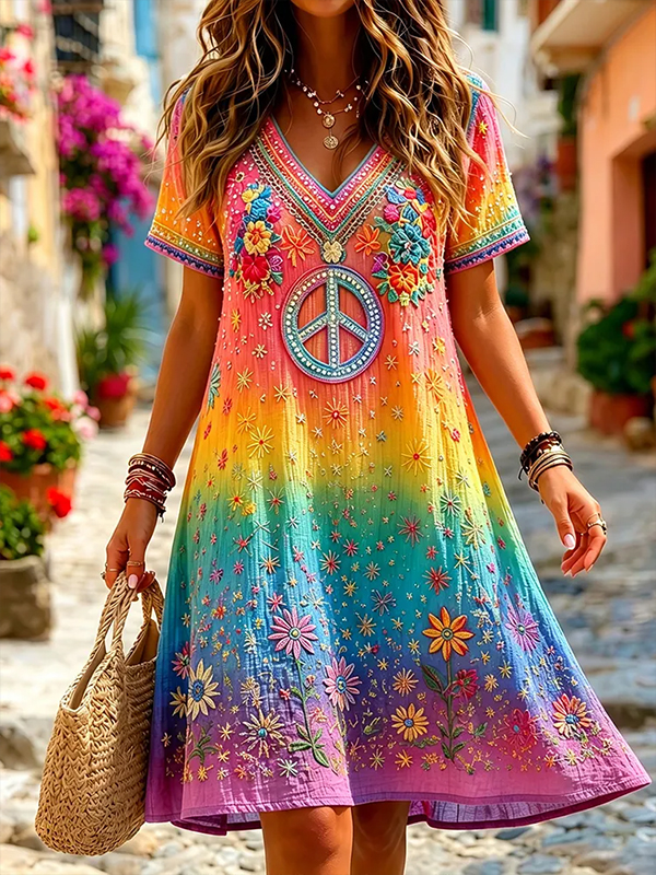 Women's Hippie Peace Sign Colorful Gradient Print Short Sleeve V Neck Mini Dress