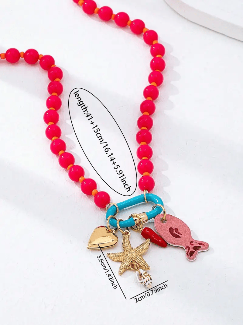 🌈✨3pc Summer Layered Beaded Dopamine Necklace Set 🦀Colorful Fish and Starfish Charms🐠
