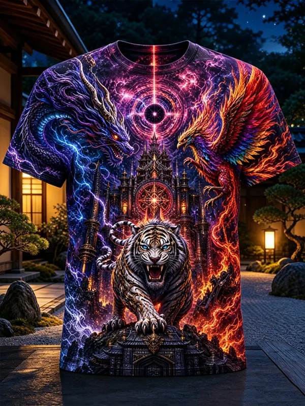 Men's Cosmic Dragon Phoenix Tiger Lightning Art Print T-Shirt