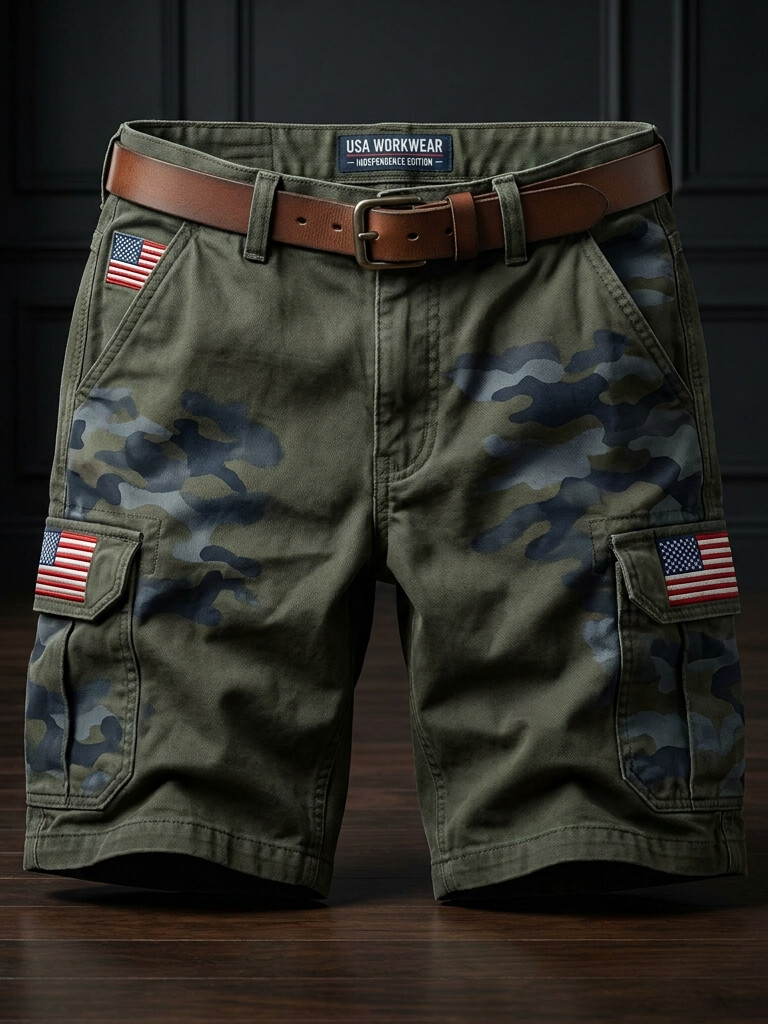Men's Camouflage American Flag Art Print Denim-Like Cargo Shorts
