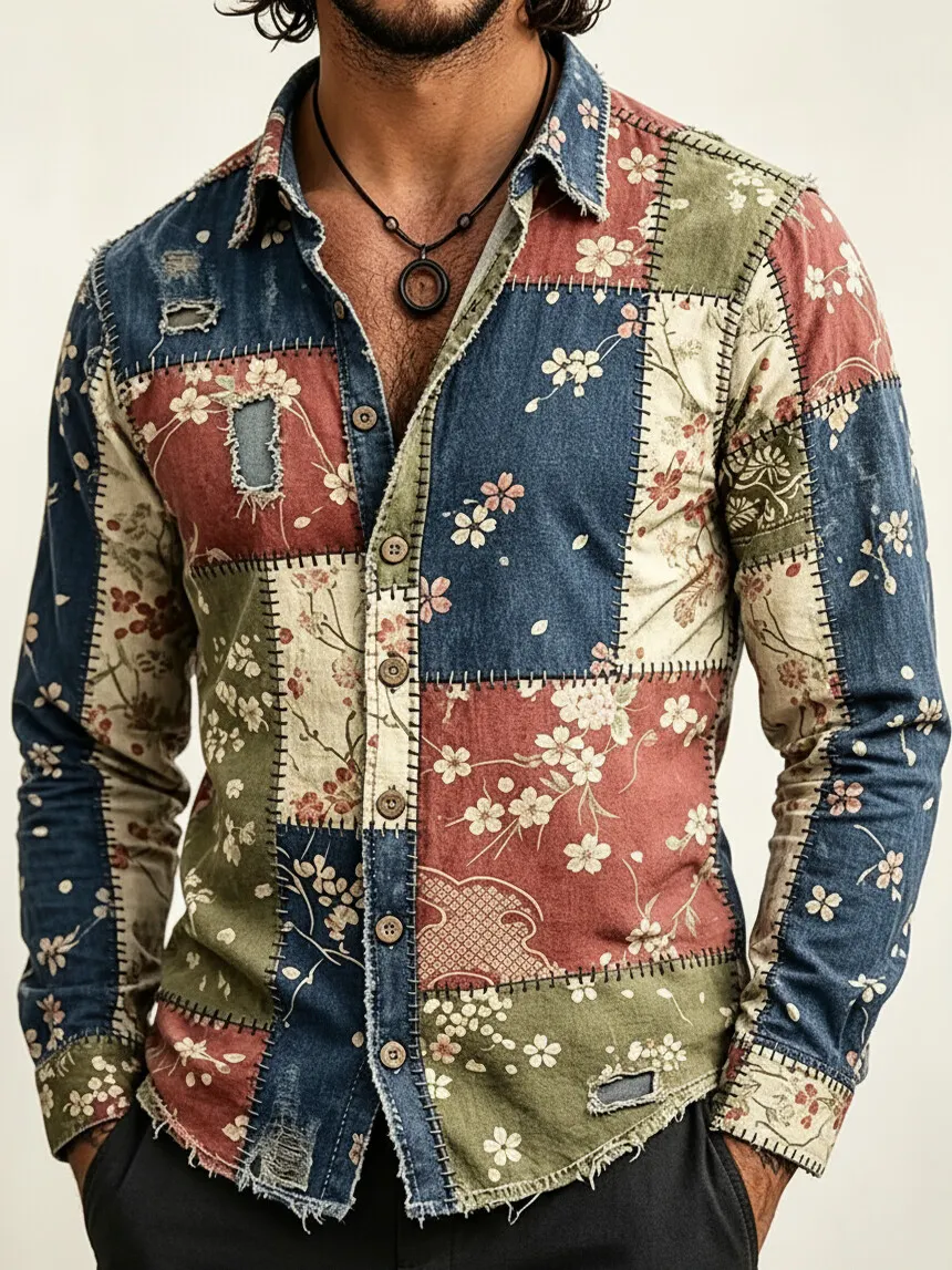 Men's Cherry Blossom Color Block Print Long Sleeve Shirt